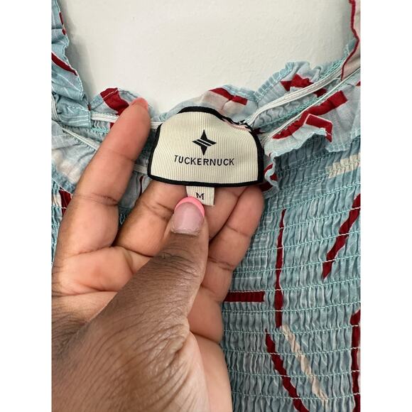 Tuckernuck Blue Red White Rory‎ Smocked Flutter Sleeve Midi Dress Size Medium - Picture 3 of 10